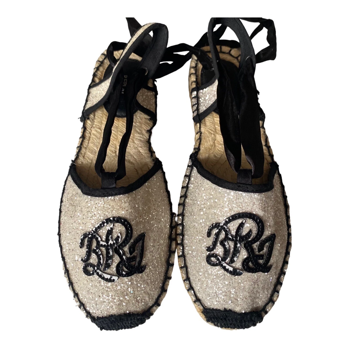 REPLAY WHITE GLITTER ESPADRILLES BLACK RIBBON TIES WOMEN S UK5