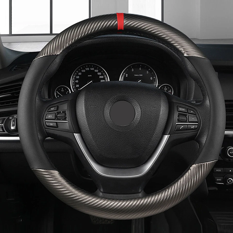 15" Black Carbon Fiber Leather Car Steering Wheel Cover Anti-slip Accessories — 第 3/4 张图片