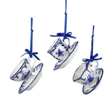 Delft Blue Porcelain Tea Cup & Saucer Ornament 2" Set of 3