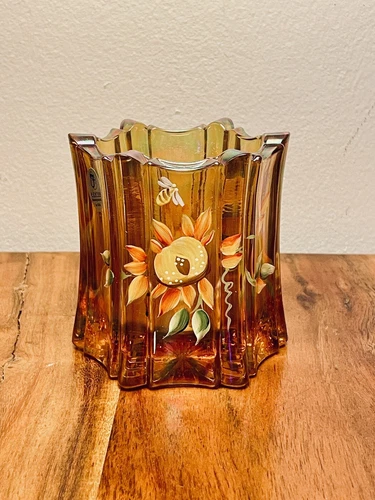 FENTON Autumn Gold Iridescent Amber Vulcan Honey Bee 4” Glass Vase Artist Signed
