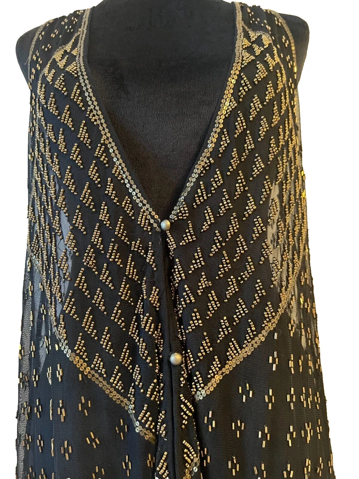 Ecote Black with Gold Beaded Sequin Sheer Sleeveless Long Open Vest Sz XS/S NWT - Image 4 of 4