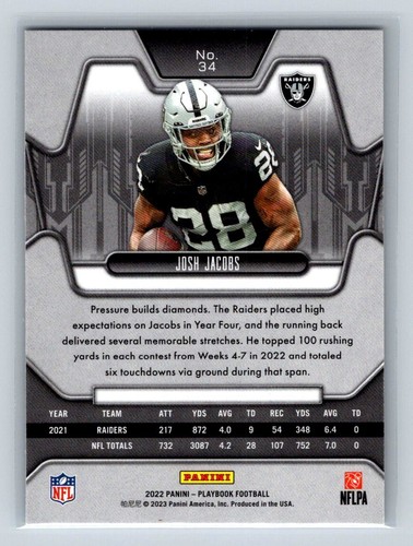 2022 Panini Playbook #34 Josh Jacobs Las Vegas Raiders - Imagen 2 de 2