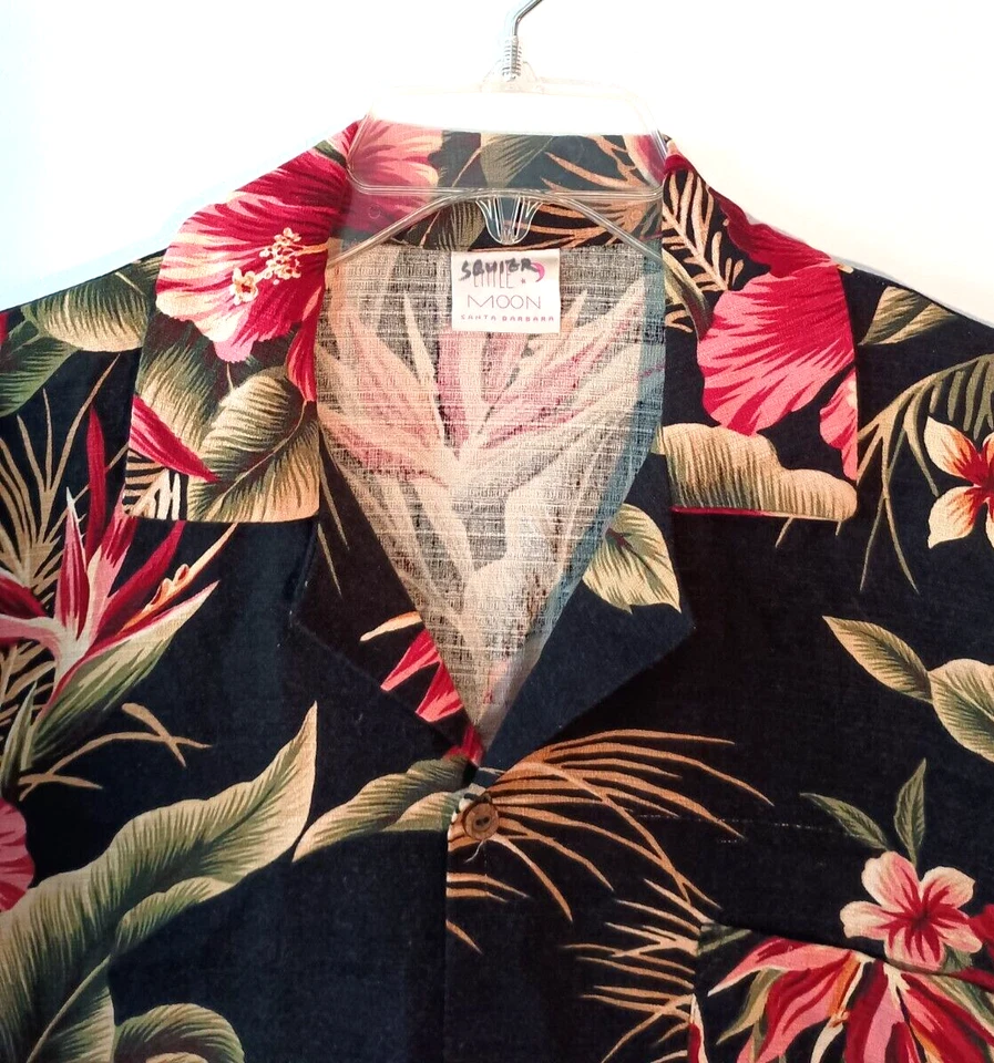 VINTAGE MEN'S LITTLE MOON BLACK FLORAL BARKCLOTH COTTON HAWAIIAN SHIRT SIZE L - Image 4 of 4