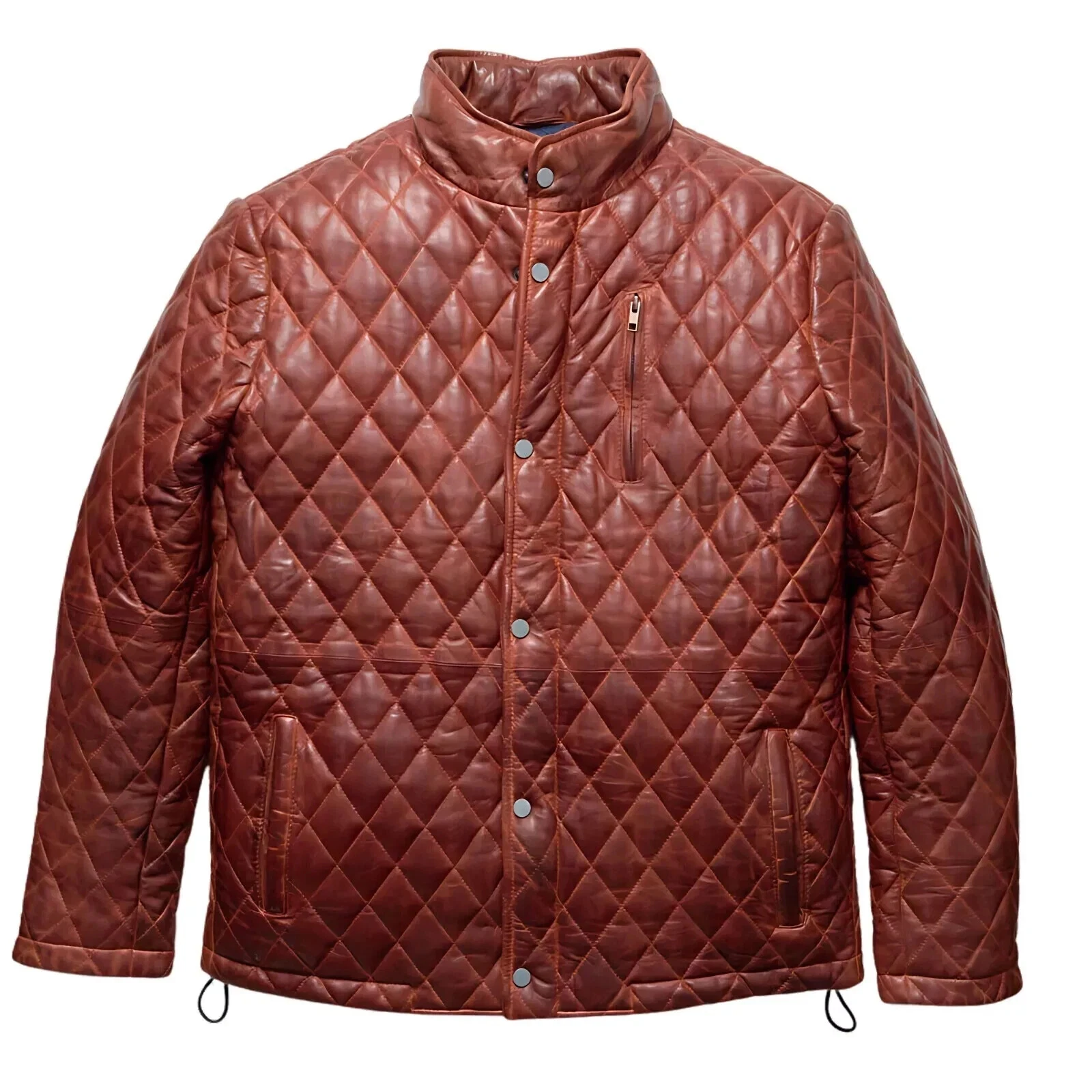 Men Brown Leather Puffer Jacket Premium Lambskin Quilted Bomber Jacket
