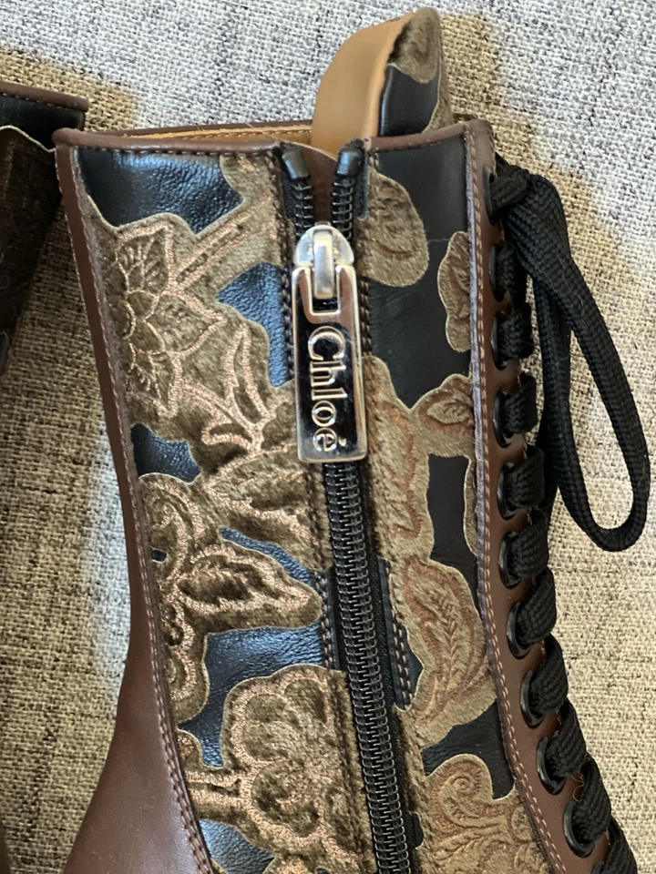 Chloe Rylee Lace Up Embossed Velvet Bold Brown Boots EU 34 w/Metal Heel - Image 3 of 4