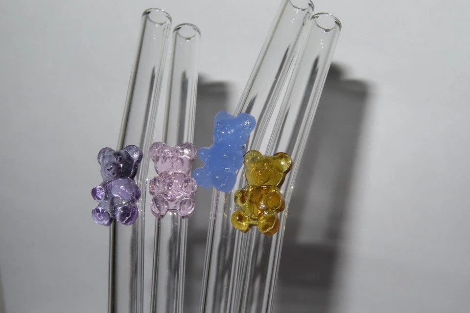Adorable pajita de vidrio de oso de goma | Pajita ecológica y reutilizable | Juego de 4 Foto 3 de 4