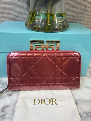 Christian Dior Lady Dior Dark Pink Patent Leather Zip Around Cannage Wallet
