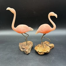 Set Of 2 Signed John Perry Resin Flamingo Sculptures on Burl Wood Base