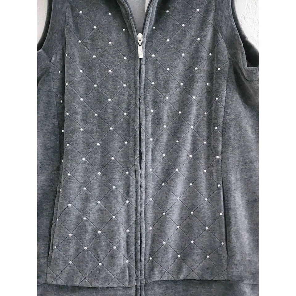 VEST-QUACKER FACTORY-Gray Velour-Sleeveless-Rhinestones-Zipper-SIZE XS - Image 3 of 4