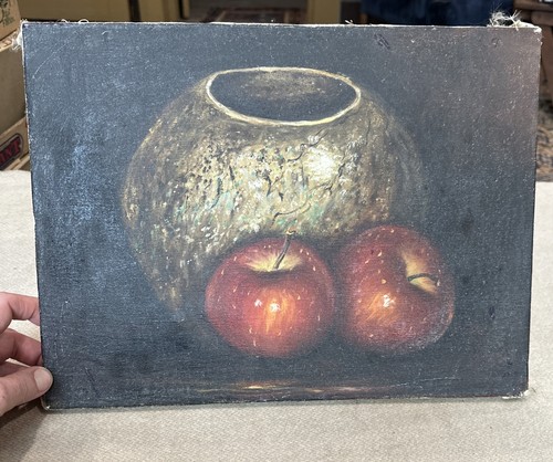 Vintage Oil Painting, Apples & Pottery Bowl, Unsigned