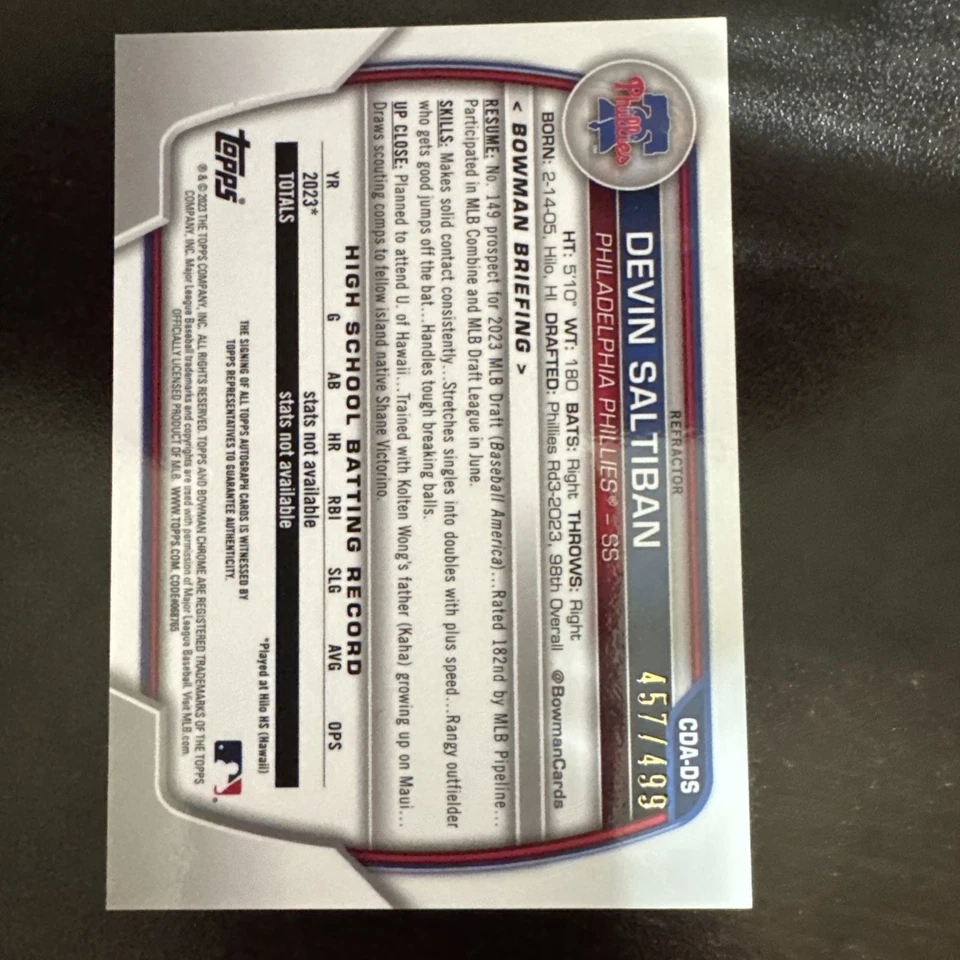 2023 Devin Saltiban 1st Bowman Chrome Auto Refractor /499 Phillies - Image 2 of 2