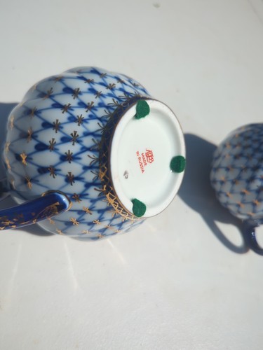 Lomonosov Porcelain Cobalt Net Sugar Bowl & Creamer Tea Set 22 Made In Russia - Picture 7 of 14