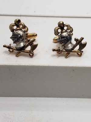 Vintage Knight Helmet Heraldic Cufflinks Gold Tone Medieval Sword Shield 