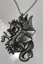 Vintage Pewter Dragon Pendant Necklace, Reversible, Mythical Creature, 25.5”