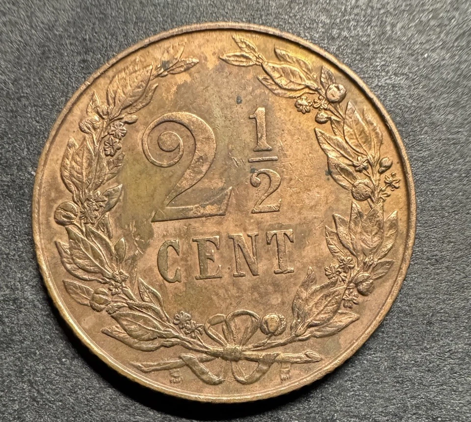 Netherlands 2 1/2 Cents 1904 Coin AU Beautiful Original Luster Rare - Image 2 of 2