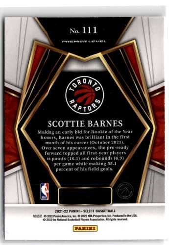 2021-22 Panini Select Premier Level Scottie Barnes #111 RC Toronto Raptors - Picture 2 of 2