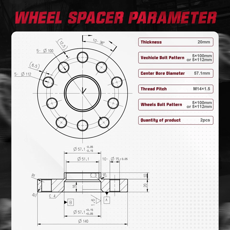 2pcs 20mm 5x100 / 5x112 Hubcentric Wheel Spacers For 1995-2010 Audi A6 - Image 3 of 4