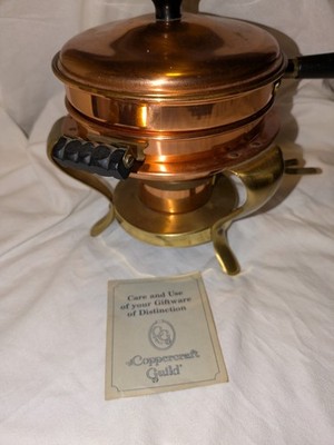 Vintage Copper Brass Wood Copper Craft Guild Fondue Chafing Dish Double Boiler