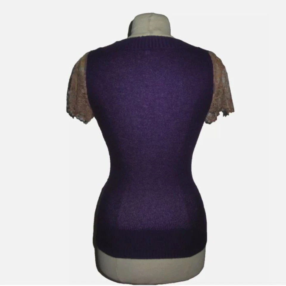 Vicedomini Ungaro Top Small Cashmere Purple Lace Sleeve Knit Slim Fit Italy - Image 3 of 4