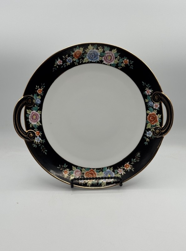 Antique Hand Painted Black Gold Morimura Nippon Floral Plate w/ Double Handles