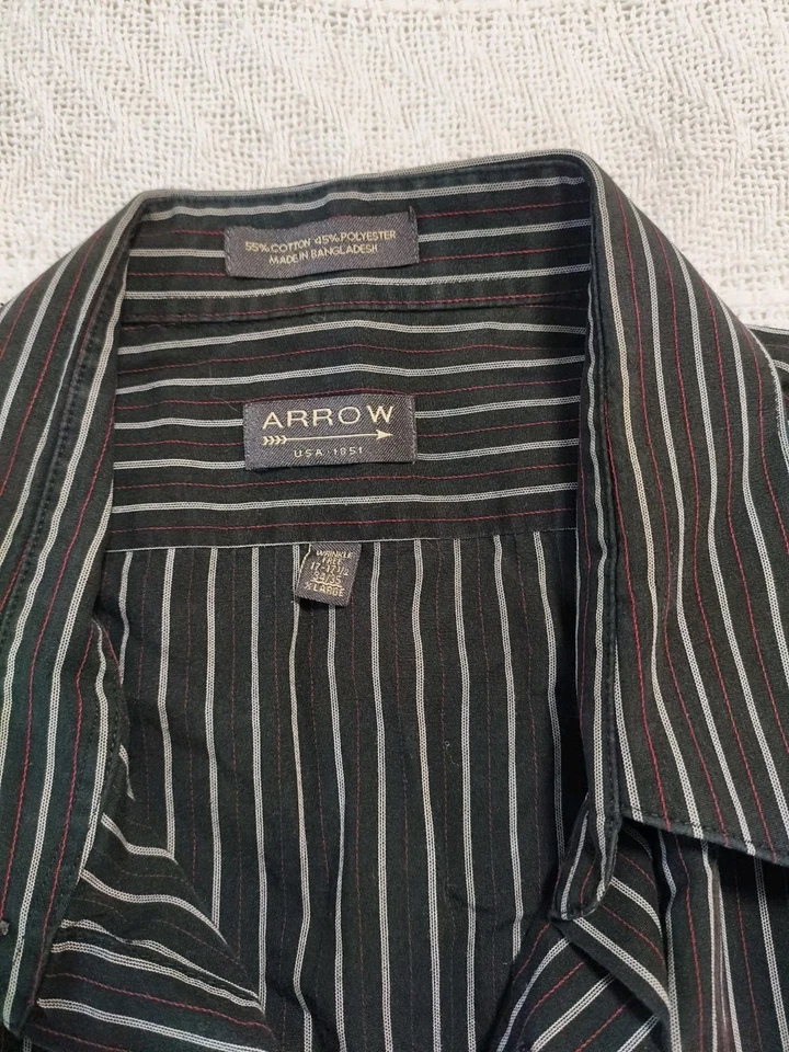 Arrow Men's Long Sleeve Shirt BLACK &White /Red Stripe 17-17.5,(34-35) WrinkFree - Image 3 of 4