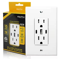 15A/120V White USB Receptacle Outlet TR with 2 Type C, 1 Type a USB Outlets at 6