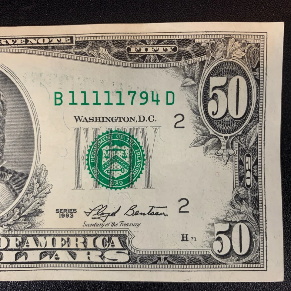 1993 $50 DOLLAR BILL SN B 11111794 D RARE Ink Bleed Through Error With 5 Ones - Image 4 of 4