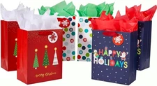 Small Christmas Gift Bags with Tissue Paper, 6 Pack Holiday Theme Bags in 3 F...