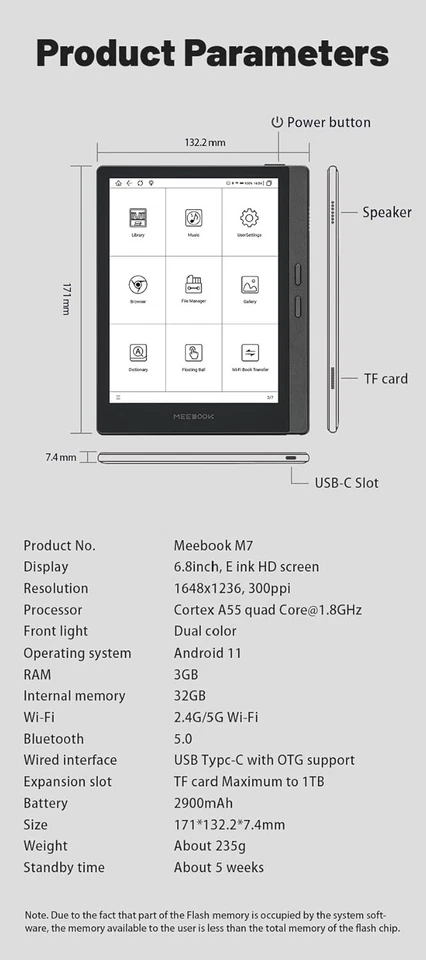 E-Reader Meebook M7 – 6,8″ E-Ink Carta 300 PPI, Android 11, 3 GB+32 GB, Altavoz - Imagen 4 de 4