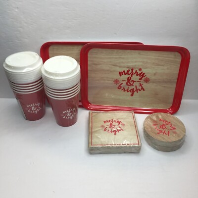 74 Pc Gartner Studios Merry & Bright Holiday Party Pack Tray Cup Napkin Coaster