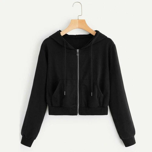 Women Hoodies Long Sleeve Zip Crop Tops Casual Basic Hooded Sweatshirt Jackets - Bild 12 von 19
