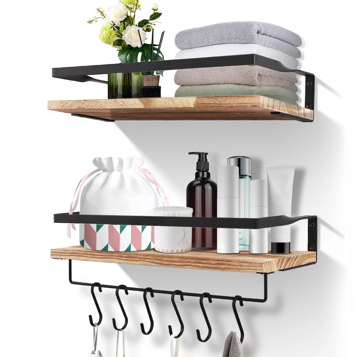 2Pcs Wooden Floating Shelves Wall Mounted Display Storage Decor For Home Office
