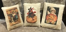 Three Primitive Made *Halloween* Shelf Pillows- Witches Jack-O-Lanterns Cats