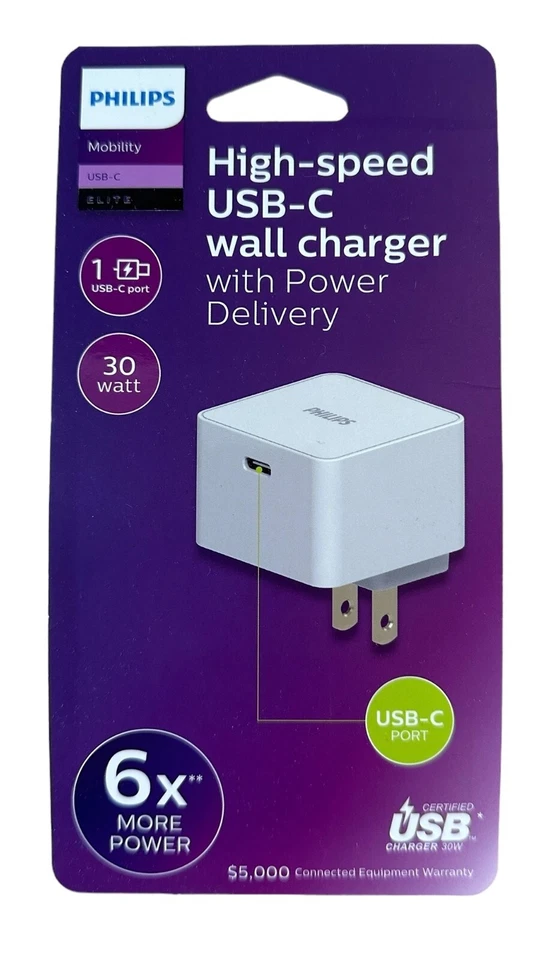 Cargador de pared Philips USB-C de alta velocidad con suministro de energía 30W - blanco 6X más potencia Foto 4 de 4