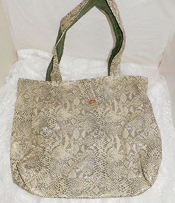 Faux Snake Skin Tote Bag Purse  Button Loop Closure Dark Green Lining Shopping 
