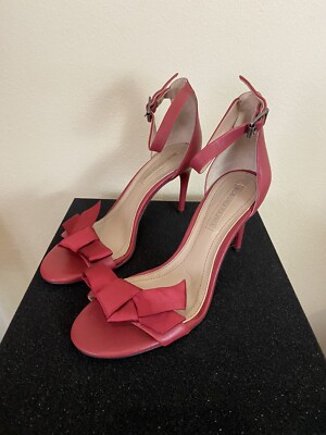 Women's 7M BCBG Max Azria Pavli Red Leather Satin Sandals Ankle Strap Pump Heel