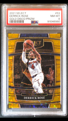Derrick Rose 2021 Panini Select Gold Disco Prizm /10 PSA 8 NM-MT #53