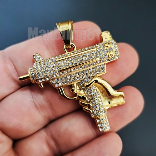 HIP HOP ICED GOLD TONE MACHINE GUN STAINLESS STEEL FASHION CHARM PENDANT S12 - Picture 2 of 3