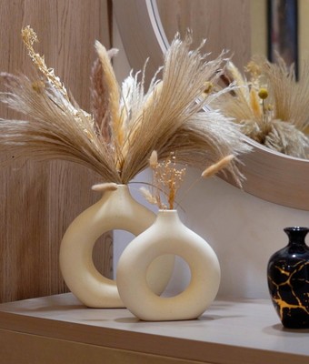 Cream Ceramic Vase Set of 2 Small & Large Circle Vase for Pampas Grass Minima...