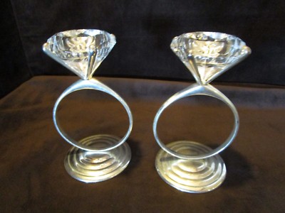 Set Silver Plated Godinger Glass Diamond Rings tealight Holders Wedding 