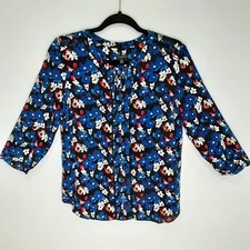 Talbots Silky Career Blouse Sz M Blue Floral Office Shirt 3/4Slv Black Lace