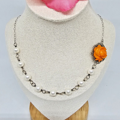 Vintage Celluloid Blume & Kunstperle 925 Sterling Silber Halsreif Halskette