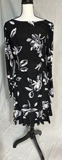 Chaps Dress Women's SZ L Stretch Long Sleeves Shift Ruffle Bottom Black Floral