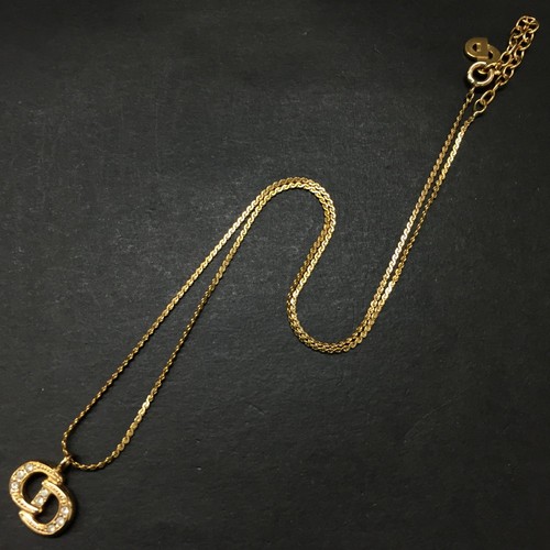 EGA Christian Dior CD Logo Rhinestone Gold Tone Pendant Necklace/8BK0114