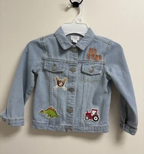 Mud Pie Boys Denim Jacket 4T-5T Light Wash Baseball Tractor Dino USA Patches