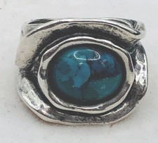 Modernist Sterling Israeli Ring w. Composite Turquoise Artisan Signed Sz. 6