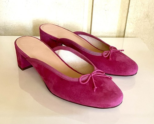 NIB J Crew size 8 raspberry pink kid suede mid heel Kate mules BA510 - Picture 3 of 7