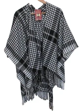 New Women's Open Black & White Check Ruana Cardigan Wrap One Size Faded Glory