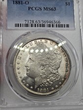1881-O Morgan dollar, PCGS MS63, blast white & Rainbow Edge Toning
