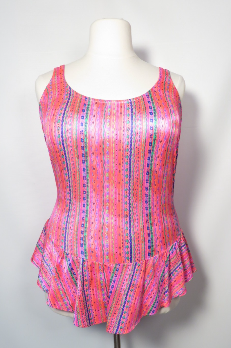 Vintage 80s Deadstock Plus Size Neon Pink Ruffle Skirt Swimsuit